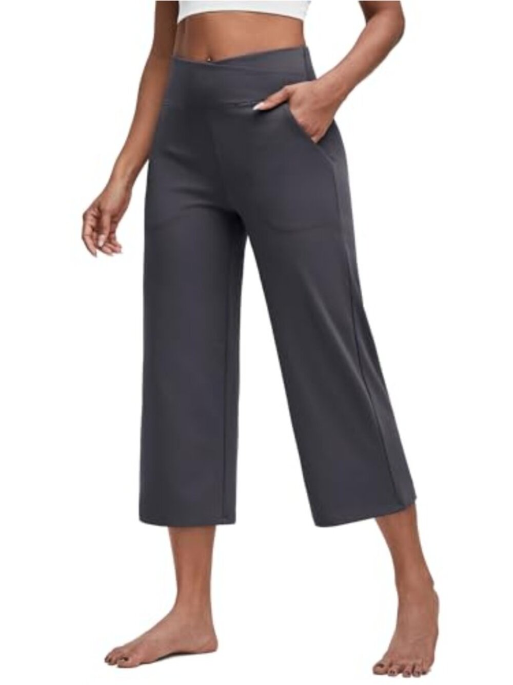 Wide Leg Capri Pants for Women with Pockets, High Rise Yoga Crop Pants